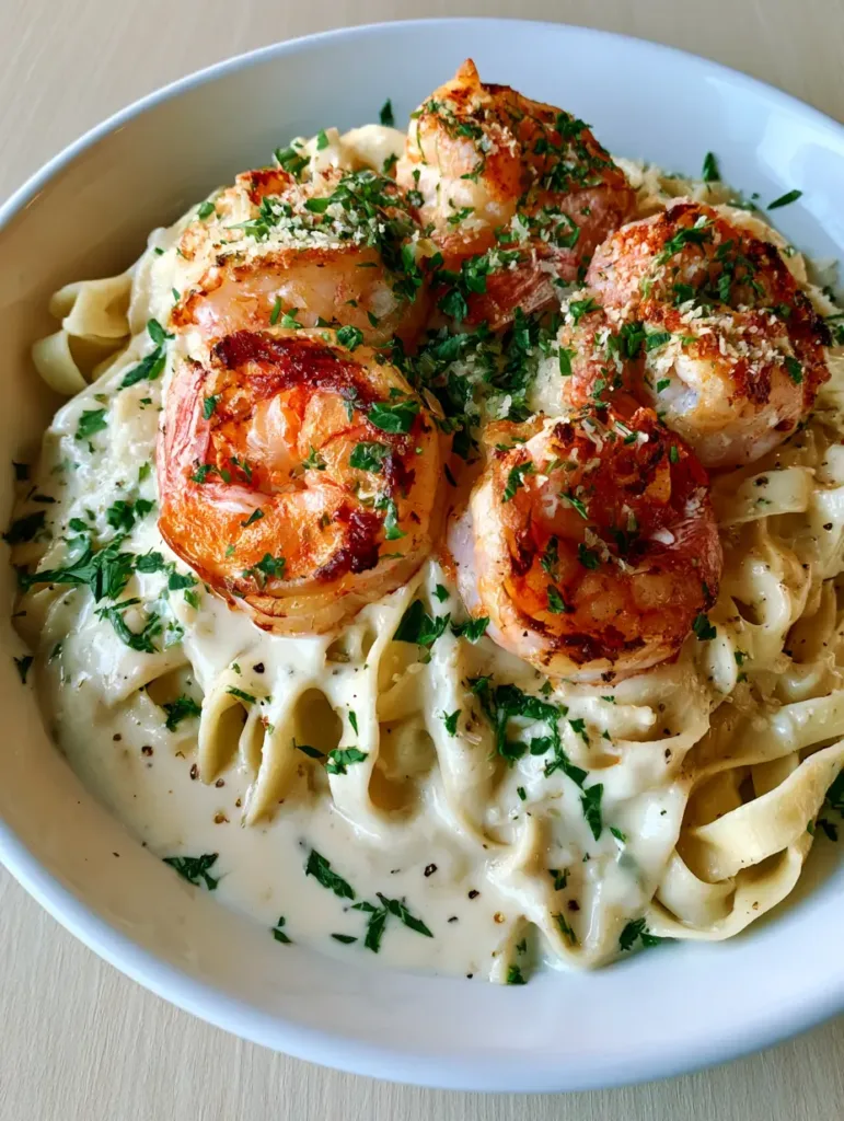 Creamy Garlic Shrimp Alfredo with Seared Jumbo Shrimp 3 Close up of glossy white Alfredo sauce coating fettuccine ribbons and pink seared shrimp. (Creamy Garlic Shrimp Alfredo)