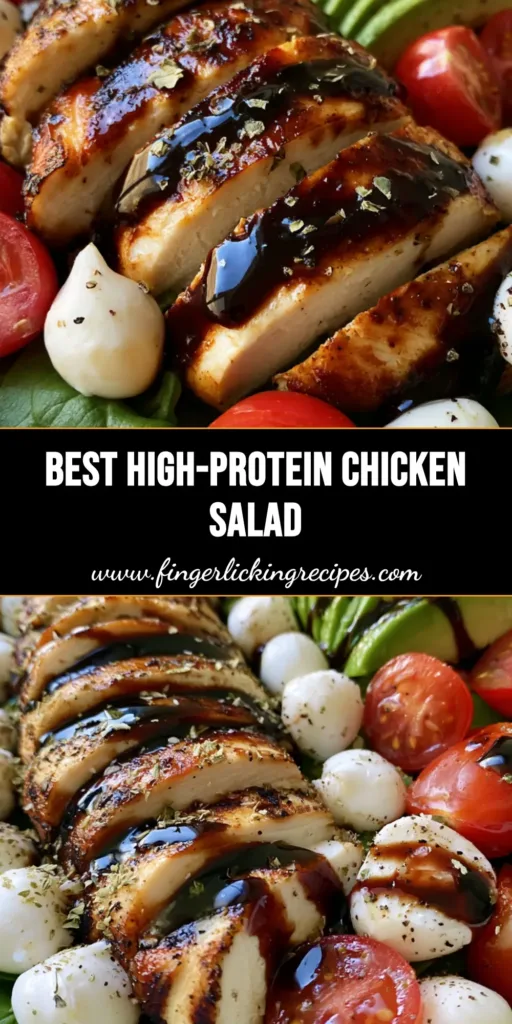 Baked Chicken Salad with Balsamic Glaze and Fresh Mozzarella 5 A healthy Baked Chicken Salad in a white ceramic bowl featuring sliced charred chicken, fresh spinach, avocado, and balsamic glaze.