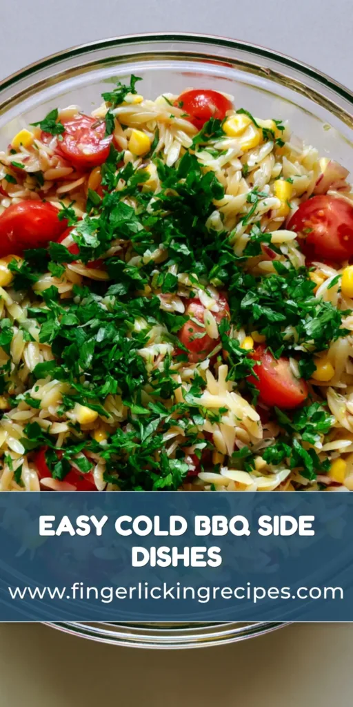 A vibrant bowl of orzo pasta salad with corn and tomatoes, a perfect example of Cold BBQ Side Dishes.
