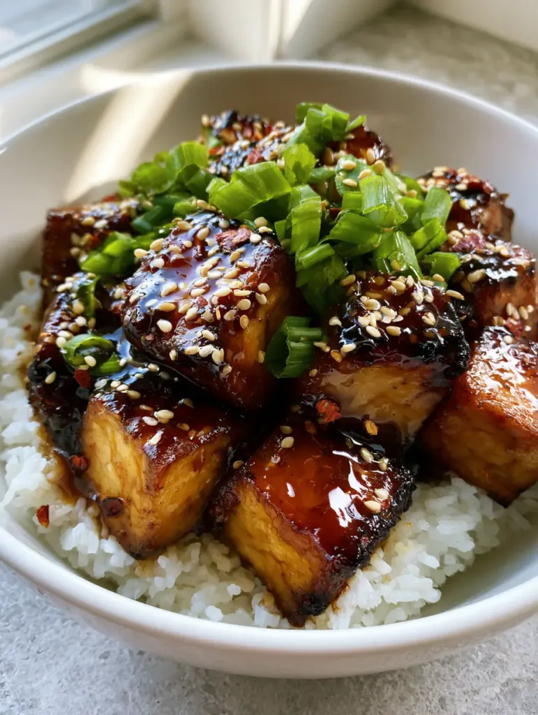 Honey Garlic Tofu: Crispy Pan-Seared Cubes in a Glossy Umami Glaze 2 Honey Garlic Tofu bowl showing the sticky sauce texture and red chili flake garnishes.