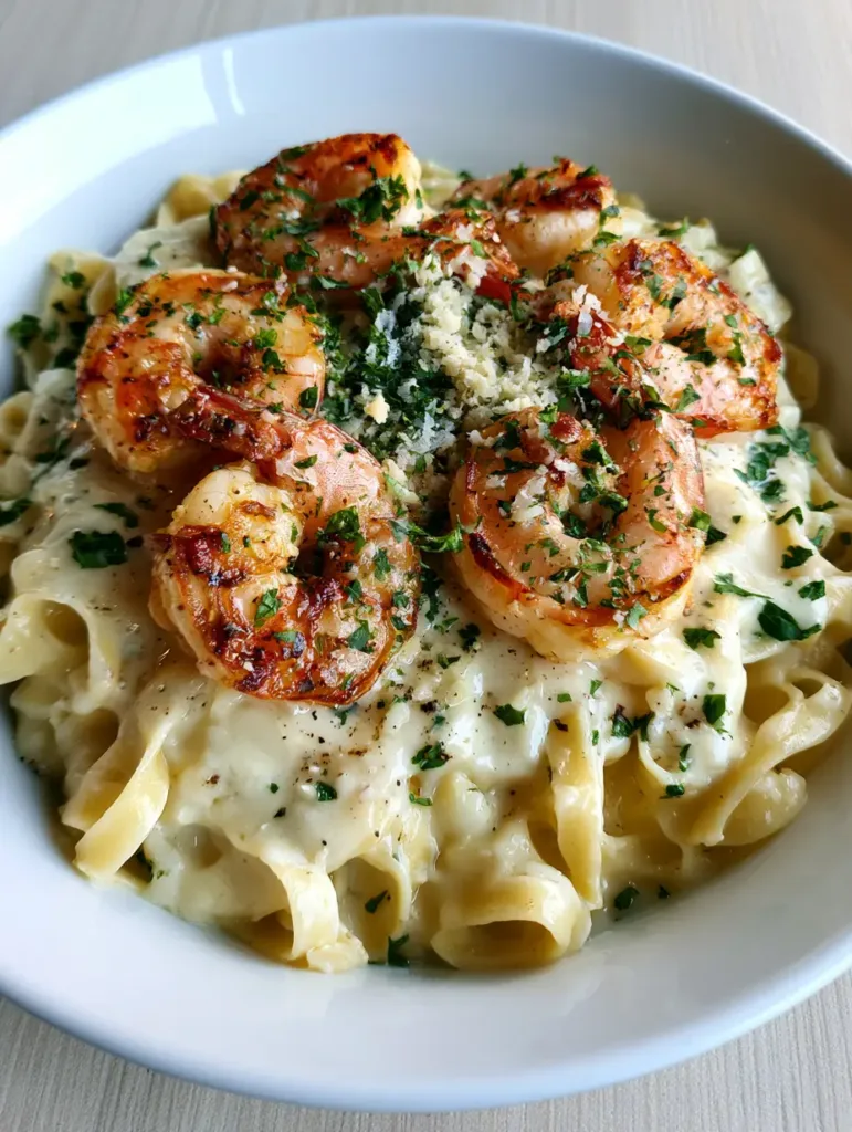 Creamy Garlic Shrimp Alfredo with Seared Jumbo Shrimp 2 Plated Creamy Garlic Shrimp Alfredo in a white ceramic bowl garnished with black pepper and parsley.