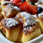 Hawaiian Roll French Toast: The Ultimate Pillowy Breakfast Bake A close-up, top-down shot of golden-brown Hawaiian Roll French Toast cubes packed tightly in a white ceramic baking dish with powdered sugar and maple syrup.