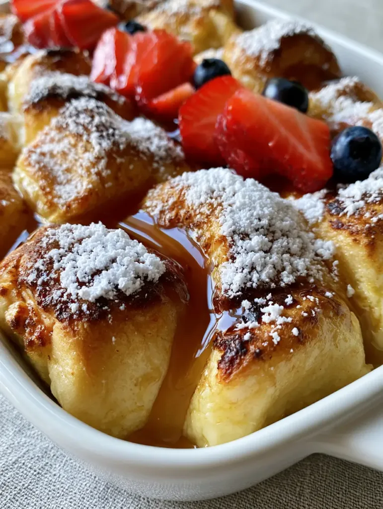 Hawaiian Roll French Toast: The Ultimate Pillowy Breakfast Bake 3 A close-up, top-down shot of golden-brown Hawaiian Roll French Toast cubes packed tightly in a white ceramic baking dish with powdered sugar and maple syrup.