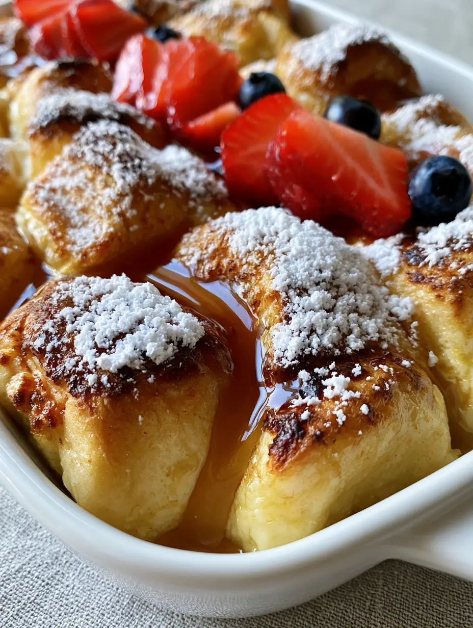 Hawaiian Roll French Toast: The Ultimate Pillowy Breakfast Bake 4 A close-up, top-down shot of golden-brown Hawaiian Roll French Toast cubes packed tightly in a white ceramic baking dish with powdered sugar and maple syrup.