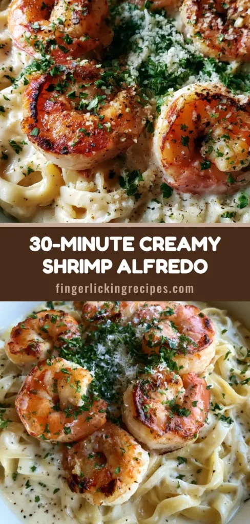 Creamy Garlic Shrimp Alfredo with Seared Jumbo Shrimp 6 Top-down view of Creamy Garlic Shrimp Alfredo with charred jumbo shrimp and fresh parsley in a white bowl.