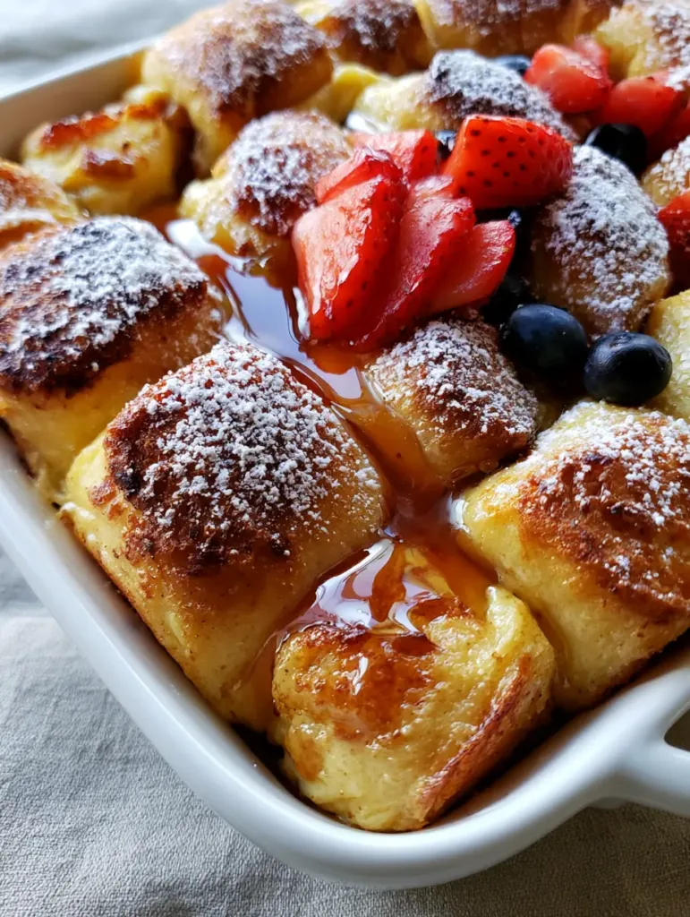 Hawaiian Roll French Toast: The Ultimate Pillowy Breakfast Bake 2 Detailed view of fresh strawberries and blueberries scattered over powdered sugar-dusted Hawaiian Roll French Toast.