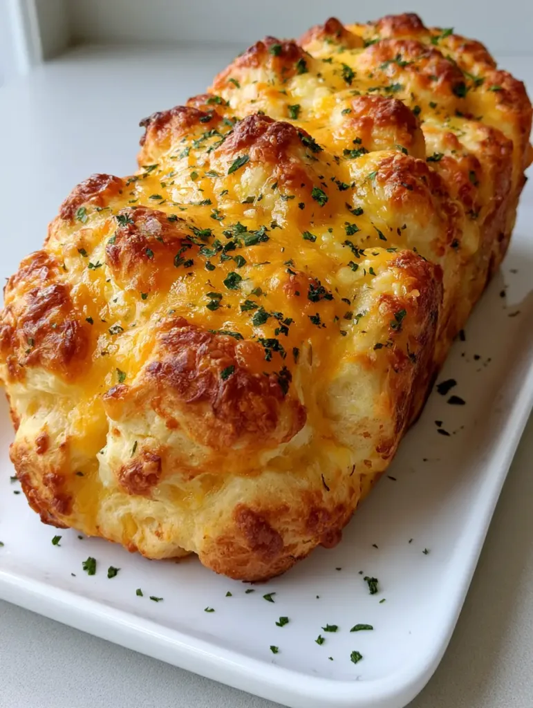 Red Lobster Cheddar Bay Biscuit Loaf: The Ultimate Pull-Apart Bread Recipe 2 Top view of the Red Lobster Cheddar Bay Biscuit Loaf showing bubbling yellow cheese and parsley flakes.