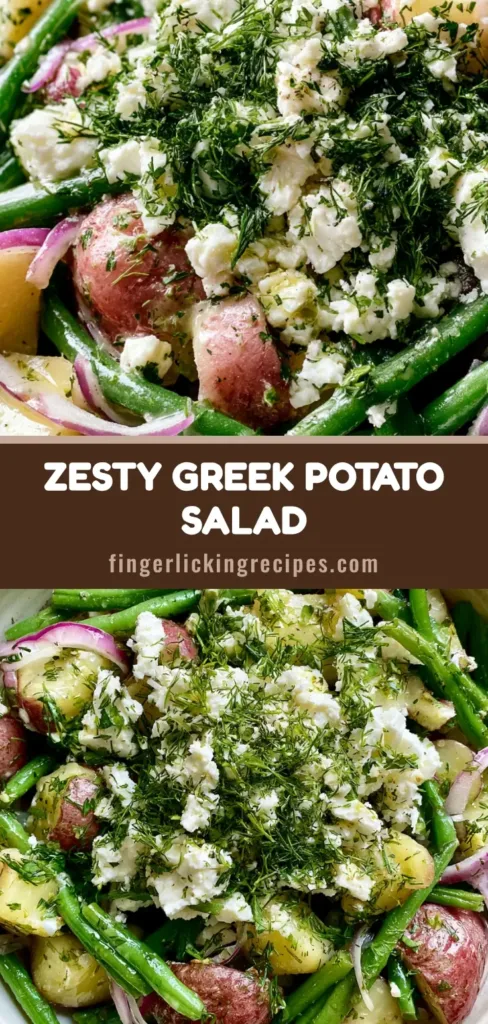 A top-down view of a Mediterranean Greek Potato Salad in a white bowl, showing red potatoes, green beans, and crumbled feta. (Mediterranean Greek Potato Salad)