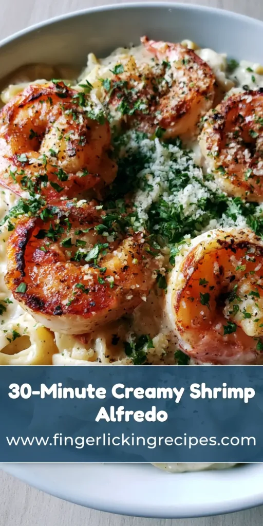 Creamy Garlic Shrimp Alfredo with Seared Jumbo Shrimp 7 Top-down view of Creamy Garlic Shrimp Alfredo with charred jumbo shrimp and fresh parsley in a white bowl.