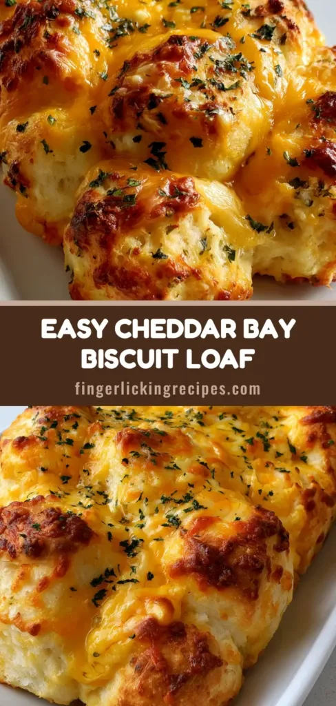 Red Lobster Cheddar Bay Biscuit Loaf: The Ultimate Pull-Apart Bread Recipe 6 A pull-apart Red Lobster Cheddar Bay Biscuit Loaf on a white rectangular plate with bubbling cheese and garlic butter glaze.