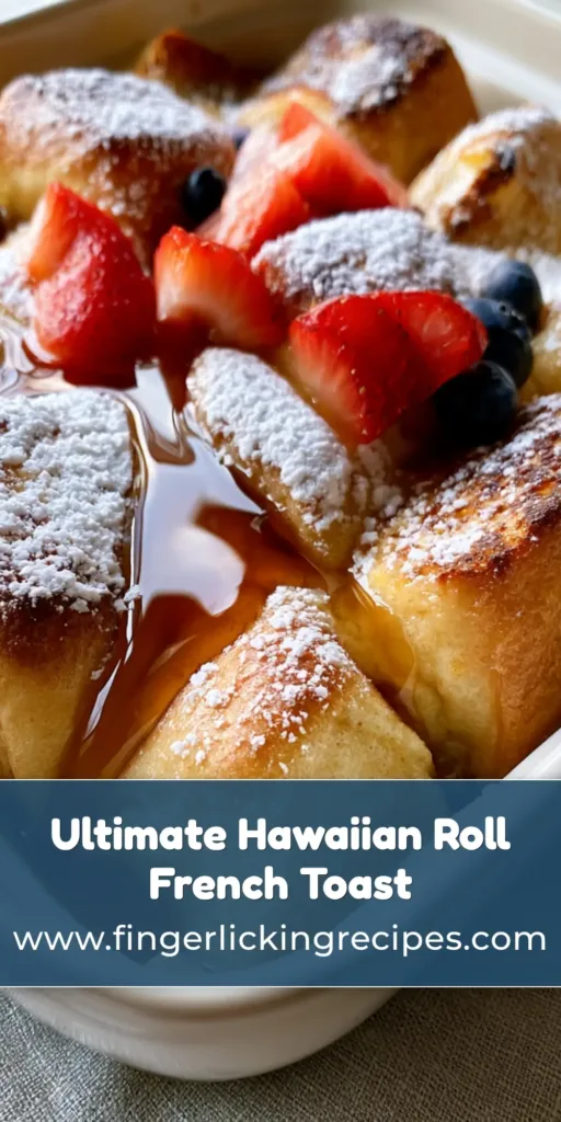 Hawaiian Roll French Toast: The Ultimate Pillowy Breakfast Bake 7 A vertical shot of Hawaiian Roll French Toast in a baking dish with berries and syrup for Pinterest.
