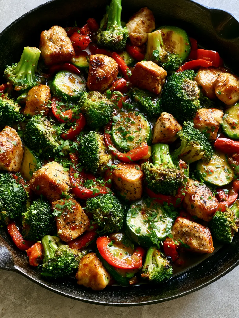 Chicken and Vegetable Skillet: The Ultimate Healthy 30-Minute Dinner 4 Close-up of seared chicken breast cubes and vibrant green broccoli in a shimmering savory sauce. (Chicken and Vegetable Skillet)