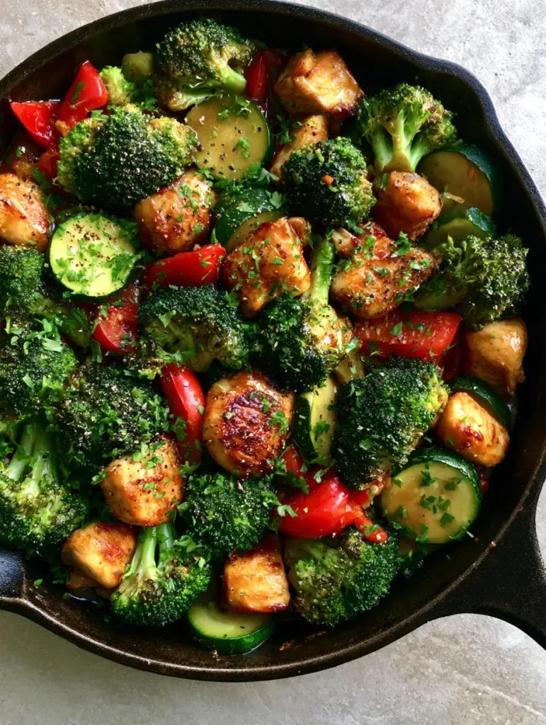 Chicken and Vegetable Skillet: The Ultimate Healthy 30-Minute Dinner 2 A rustic cast iron skillet filled with sliced red peppers, zucchini rounds, and chicken in a glossy glaze. (Chicken and Vegetable Skillet)