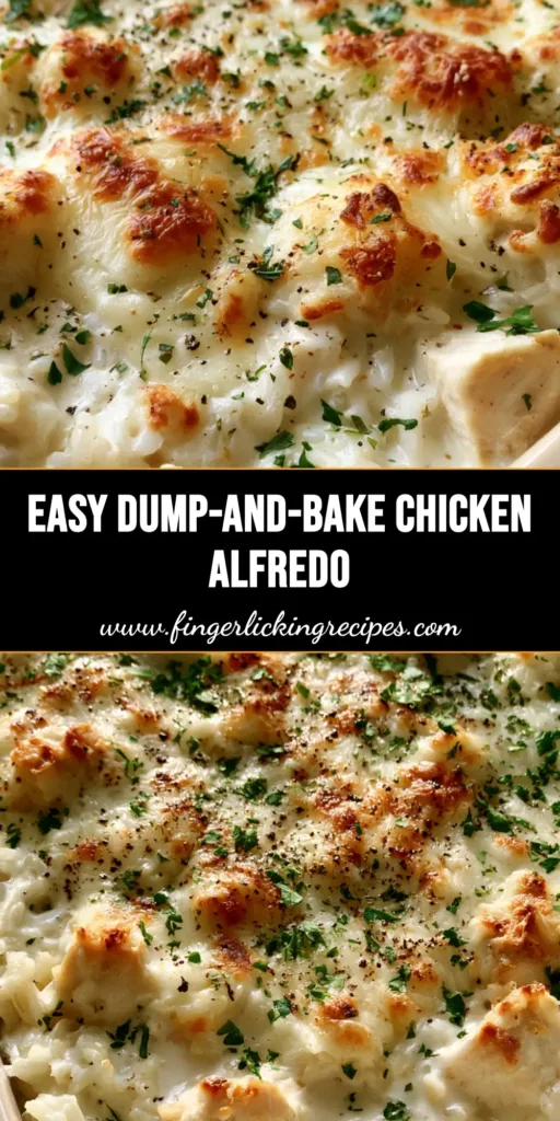 A rectangular ceramic dish of Chicken Alfredo Rice Casserole with bubbly mozzarella and toasted cheese spots.