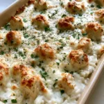 Close-up of a Chicken Alfredo Rice Casserole showing the creamy texture and toasted mozzarella topping.