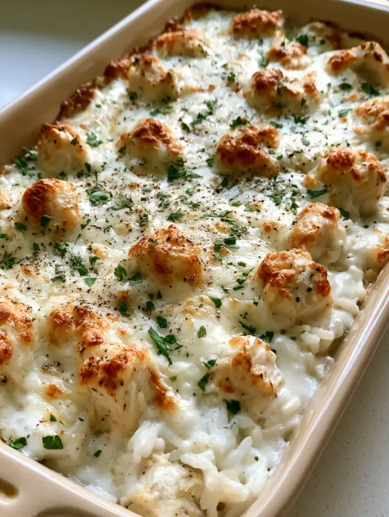 Close-up of a Chicken Alfredo Rice Casserole showing the creamy texture and toasted mozzarella topping.