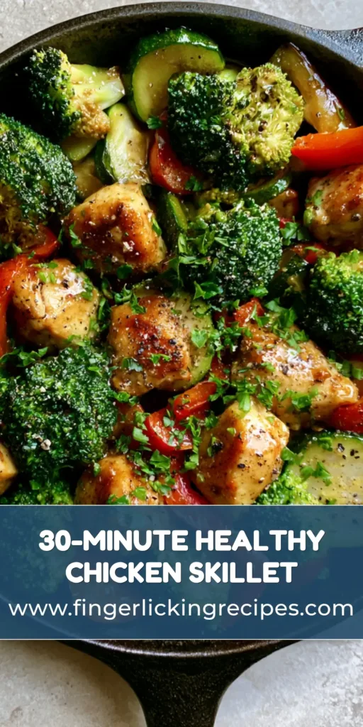 Chicken and Vegetable Skillet: The Ultimate Healthy 30-Minute Dinner 5 A top-down shot of a Chicken and Vegetable Skillet in a black cast iron pan featuring golden chicken, broccoli, and red peppers.