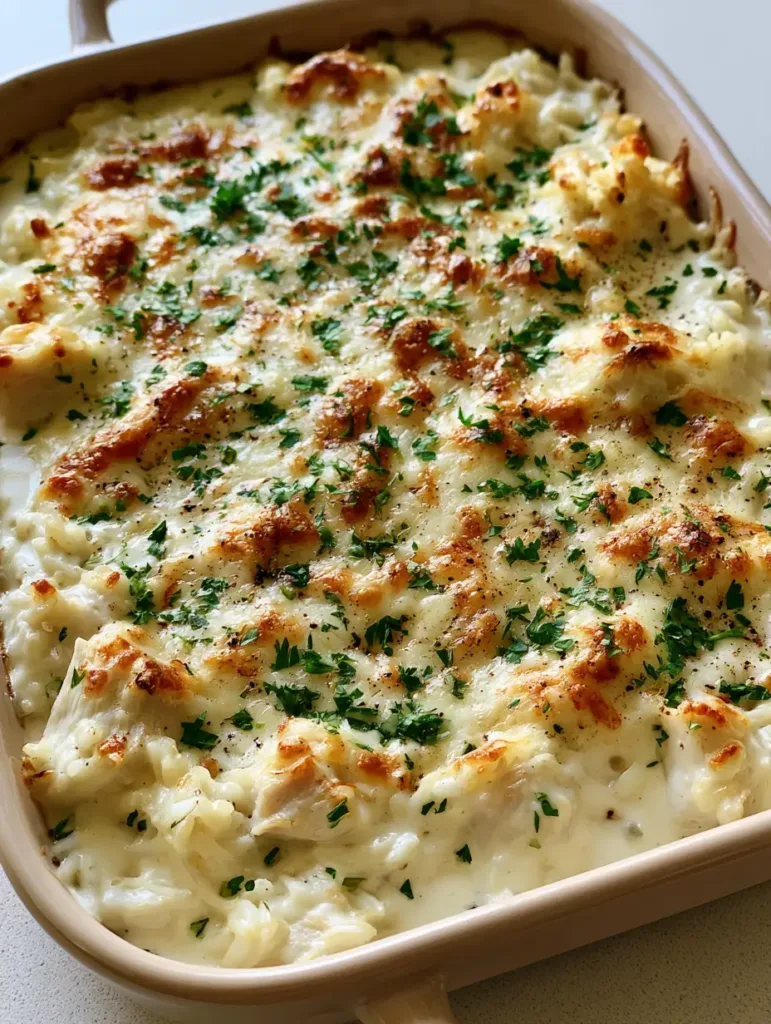 Top-down view of Chicken Alfredo Rice Casserole garnished with fresh parsley and black pepper.