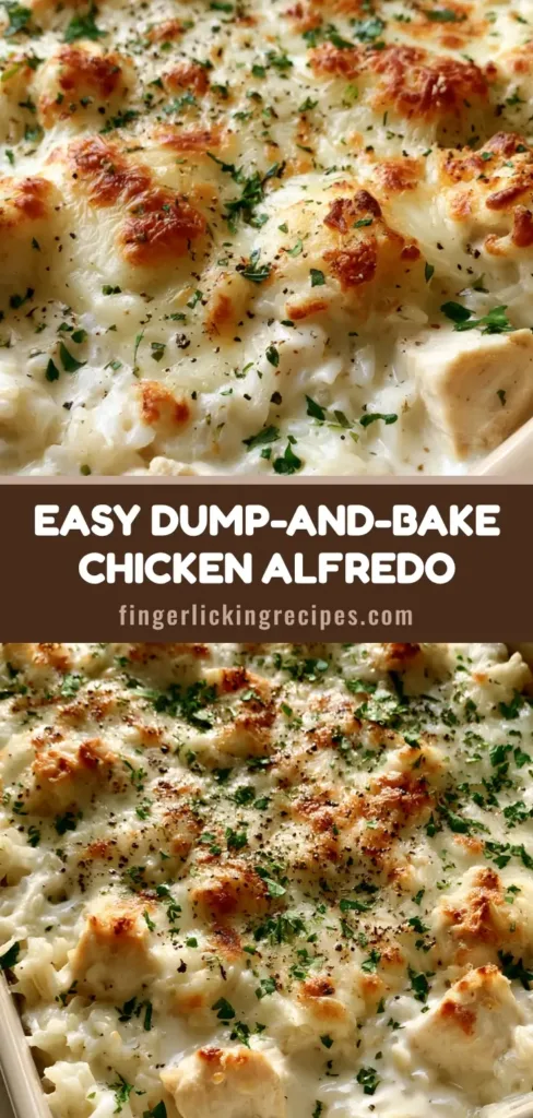 A rectangular ceramic dish of Chicken Alfredo Rice Casserole with bubbly mozzarella and toasted cheese spots.