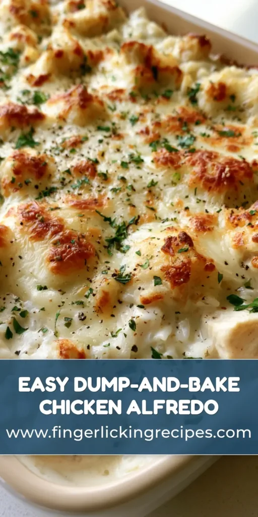 A rectangular ceramic dish of Chicken Alfredo Rice Casserole with bubbly mozzarella and toasted cheese spots.
