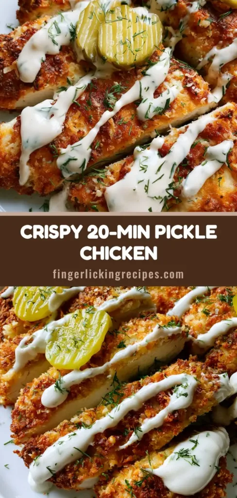 Air Fryer Dill Pickle Chicken: The Ultimate Crispy Parmesan-Crusted Guide 6 Top-down view of sliced Air Fryer Dill Pickle Chicken with a thick panko-parmesan crust, topped with circular pickle chips and a messy ranch drizzle on a white plate.