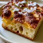 Handheld photo showing a close-up of thick sourdough focaccia with wild air bubbles and fresh rosemary. (Sourdough Focaccia)