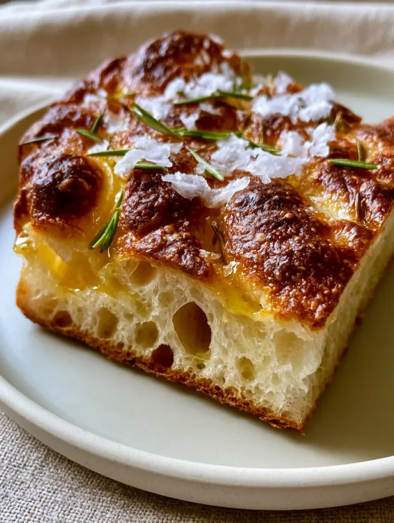 Handheld photo showing a close-up of thick sourdough focaccia with wild air bubbles and fresh rosemary. (Sourdough Focaccia)