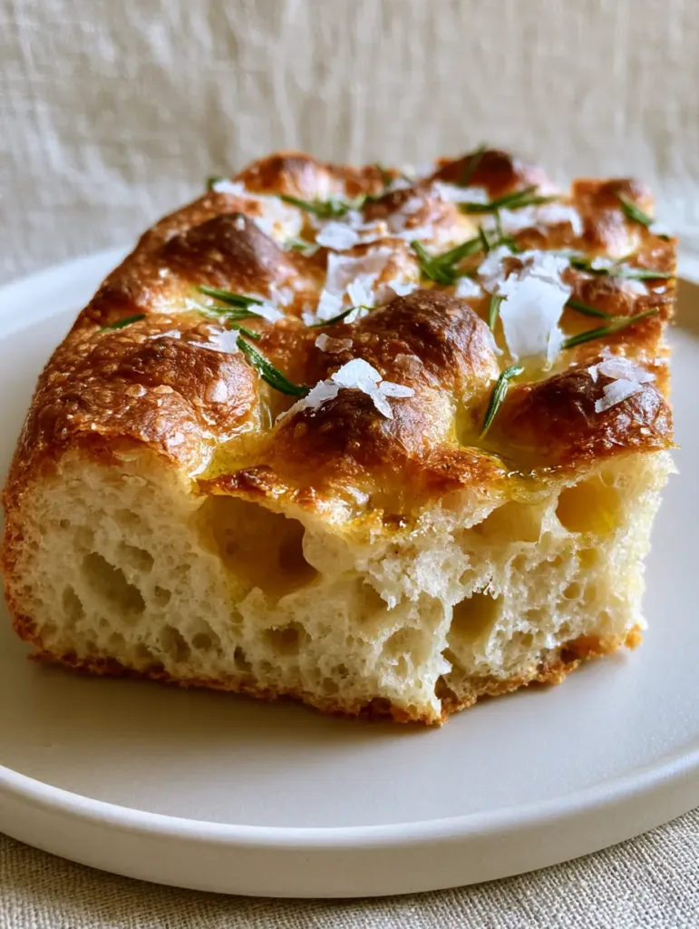 A thick rectangular slice of sourdough focaccia plated on a matte ceramic plate with a linen background. (Sourdough Focaccia)
