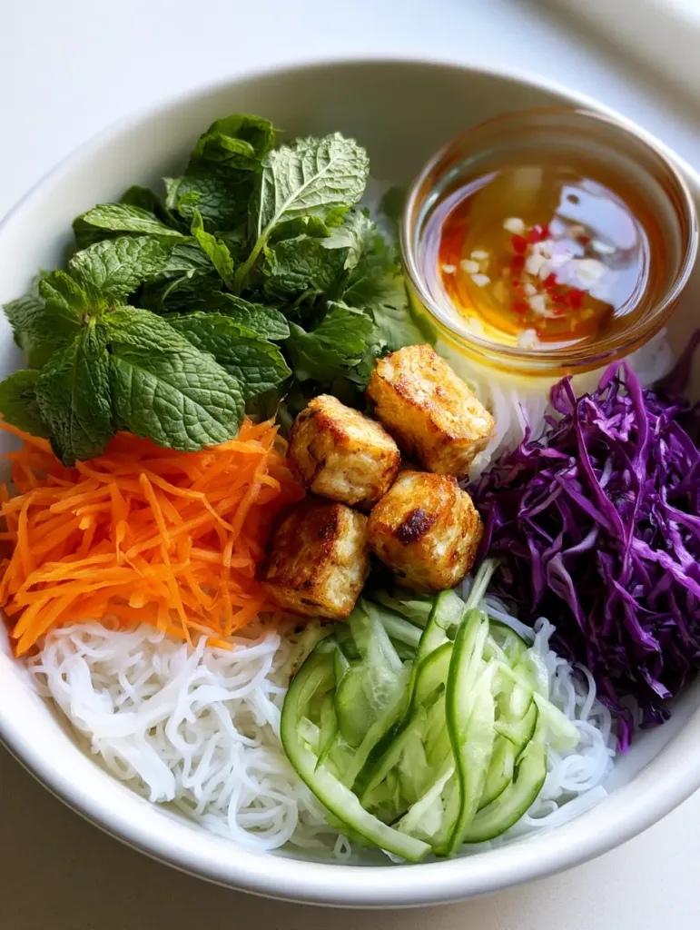 Overhead handheld smartphone photo of a Vietnamese Noodle Salad with a white ceramic bowl and amber dipping sauce.