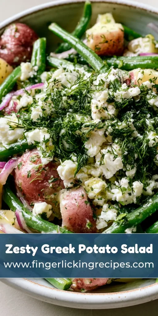 A top-down view of a Mediterranean Greek Potato Salad in a white bowl, showing red potatoes, green beans, and crumbled feta. (Mediterranean Greek Potato Salad)