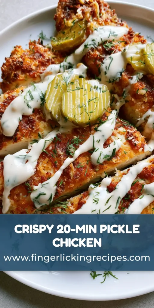 Air Fryer Dill Pickle Chicken: The Ultimate Crispy Parmesan-Crusted Guide 7 Top-down view of sliced Air Fryer Dill Pickle Chicken with a thick panko-parmesan crust, topped with circular pickle chips and a messy ranch drizzle on a white plate.