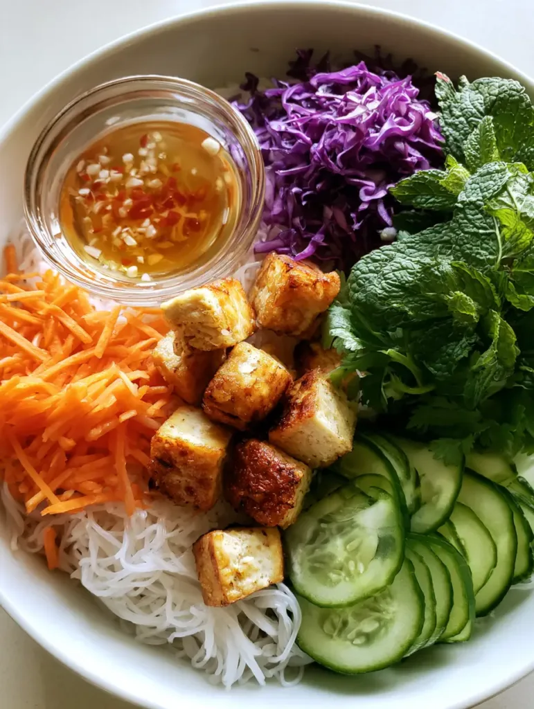 Close-up of golden seared tofu cubes and julienned vegetables in a Vietnamese Noodle Salad.
