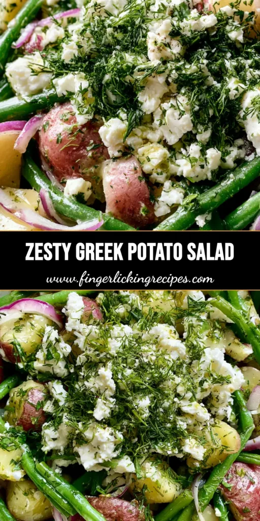 A top-down view of a Mediterranean Greek Potato Salad in a white bowl, showing red potatoes, green beans, and crumbled feta. (Mediterranean Greek Potato Salad)