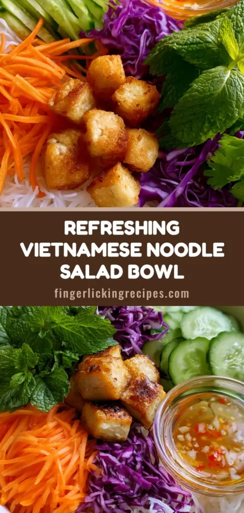 A vibrant Vietnamese Noodle Salad bowl with rice vermicelli, julienned carrots, cucumbers, purple cabbage, and golden-brown tofu cubes.