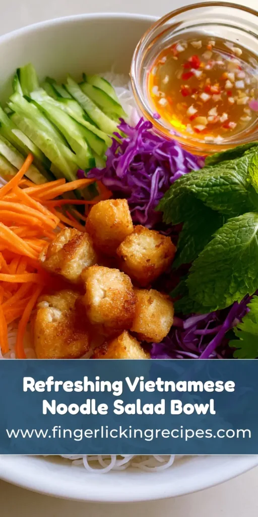 A vibrant Vietnamese Noodle Salad bowl with rice vermicelli, julienned carrots, cucumbers, purple cabbage, and golden-brown tofu cubes.