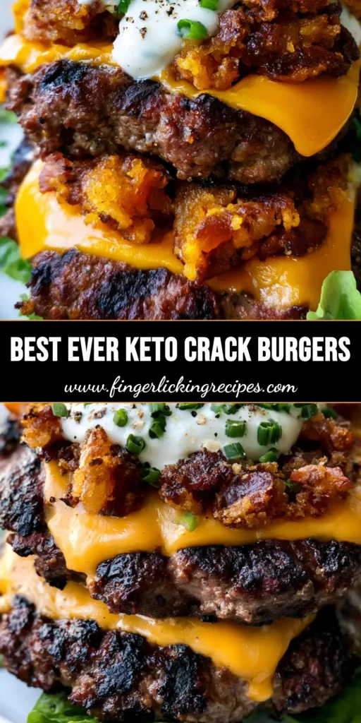 Keto Crack Burgers: The Ultimate Low-Carb Loaded Burger Experience 5 A towering stack of two juicy Keto Crack Burgers topped with melted orange cheddar, bacon bits, and creamy ranch on a bed of lettuce.