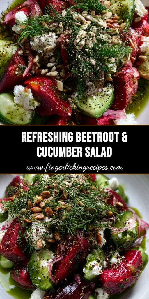 Beetroot Cucumber Salad with Roasted Red Beets and Herb Vinaigrette 5 A vibrant Beetroot Cucumber Salad with roasted red beet wedges, English cucumbers, and goat cheese in a white bowl. (Beetroot Cucumber Salad)