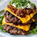 Keto Crack Burgers: The Ultimate Low-Carb Loaded Burger Experience Close-up of seared ground beef patties for Keto Crack Burgers showing charred edges and melted cheese.