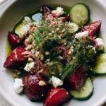 Top-down photo of Beetroot Cucumber Salad with caramelized beet wedges and fresh dill. (Beetroot Cucumber Salad)
