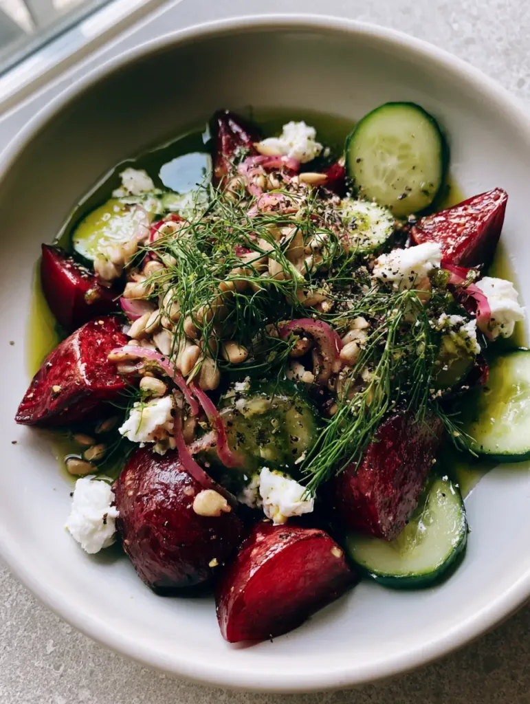 Beetroot Cucumber Salad with Roasted Red Beets and Herb Vinaigrette 3 Top-down photo of Beetroot Cucumber Salad with caramelized beet wedges and fresh dill. (Beetroot Cucumber Salad)