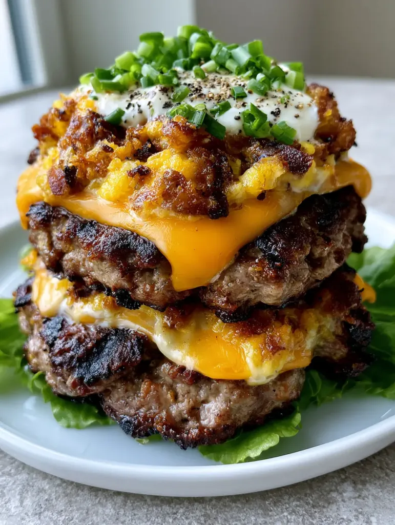 Keto Crack Burgers: The Ultimate Low-Carb Loaded Burger Experience 2 Top view of Keto Crack Burgers garnished with green scallions and cracked black pepper.