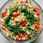 Top-down view of glistening orzo pasta salad with red cherry tomatoes and yellow corn in a clear glass bowl. (Cold BBQ Side Dishes)
