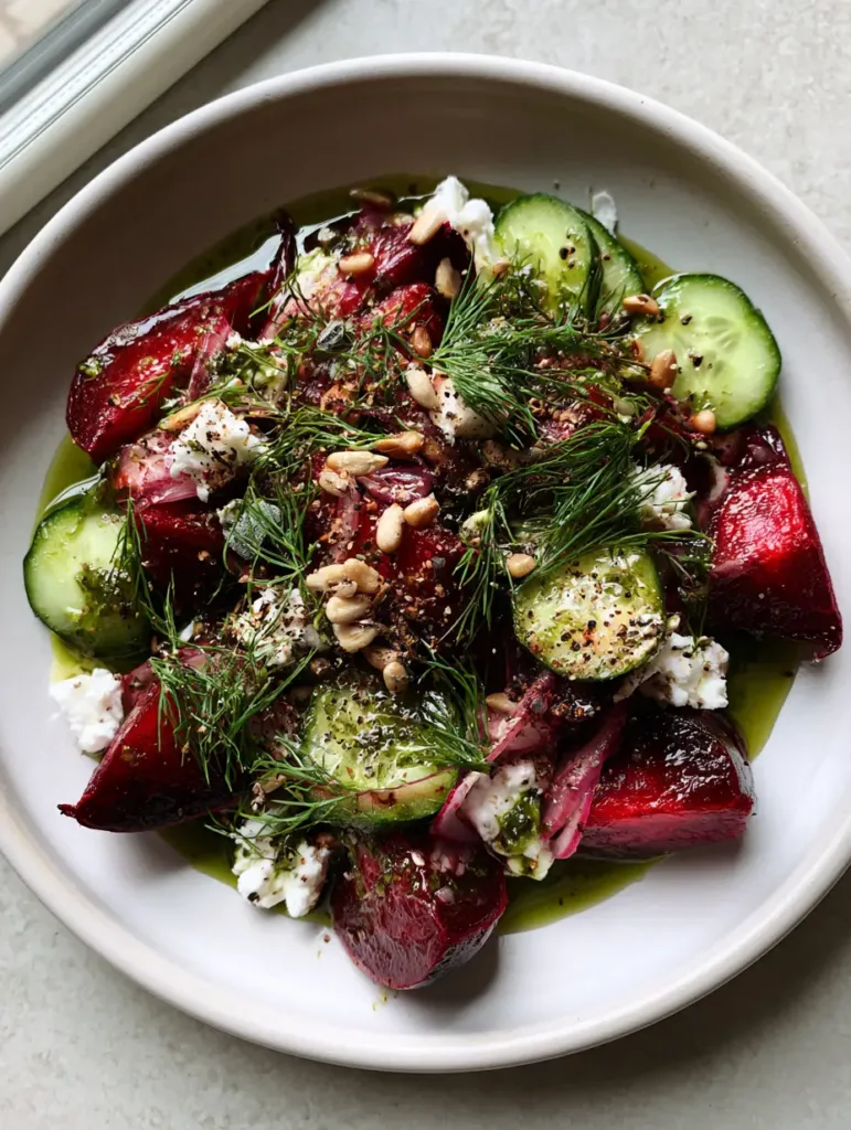 Beetroot Cucumber Salad with Roasted Red Beets and Herb Vinaigrette 2 Close up of the translucent green herb vinaigrette over roasted beets and cucumbers.