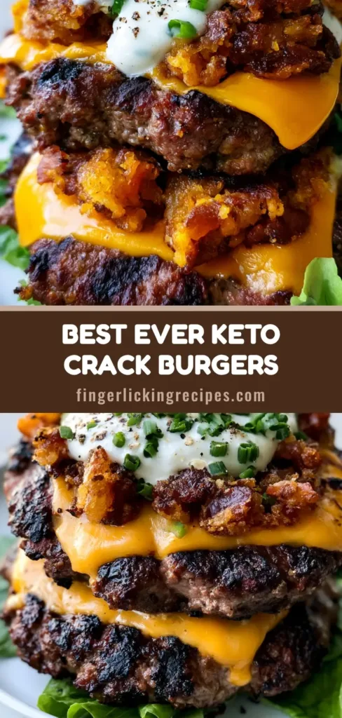 Keto Crack Burgers: The Ultimate Low-Carb Loaded Burger Experience 6 A towering stack of two juicy Keto Crack Burgers topped with melted orange cheddar, bacon bits, and creamy ranch on a bed of lettuce.
