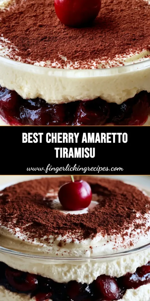 A side view of a layered Cherry Amaretto Tiramisu in a clear glass bowl showing espresso sponge, ivory cream, and dark red cherry layers.