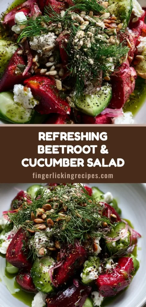 Beetroot Cucumber Salad with Roasted Red Beets and Herb Vinaigrette 6 A vibrant Beetroot Cucumber Salad with roasted red beet wedges, English cucumbers, and goat cheese in a white bowl. (Beetroot Cucumber Salad)