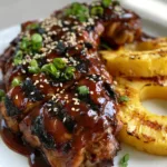 Smartphone photo of sliced grilled chicken thighs drenched in dark teriyaki sauce with toasted sesame seeds.