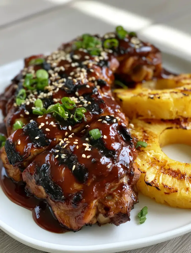 Hawaiian Teriyaki Chicken: The Ultimate Sticky, Char-Grilled Island Feast 3 Smartphone photo of sliced grilled chicken thighs drenched in dark teriyaki sauce with toasted sesame seeds.