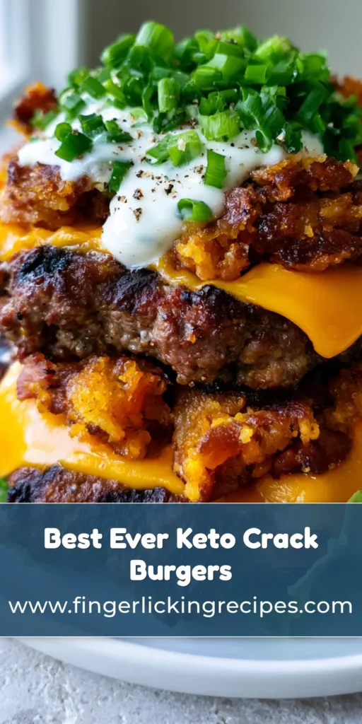 Keto Crack Burgers: The Ultimate Low-Carb Loaded Burger Experience 7 A towering stack of two juicy Keto Crack Burgers topped with melted orange cheddar, bacon bits, and creamy ranch on a bed of lettuce.