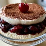 Cherry Amaretto Tiramisu: A Luscious Almond-Infused Italian Trifle Close-up side view of Cherry Amaretto Tiramisu layers including espresso-soaked ladyfingers and whipped mascarpone cream. (Cherry Amaretto Tiramisu)